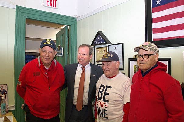 John Pelose, adjutant for Braintree American Legion Post 86, Norfolk County Register of Deeds William P. O'Donnell, Alfred Varraso, past Post Commander, and John Bourne current Post Commander pose for a photo during a speaking event at Braintree American Legion Post 86 March 1, as part of the Register’s ongoing efforts to bring the Registry of Deeds directly to the residents of Norfolk County.